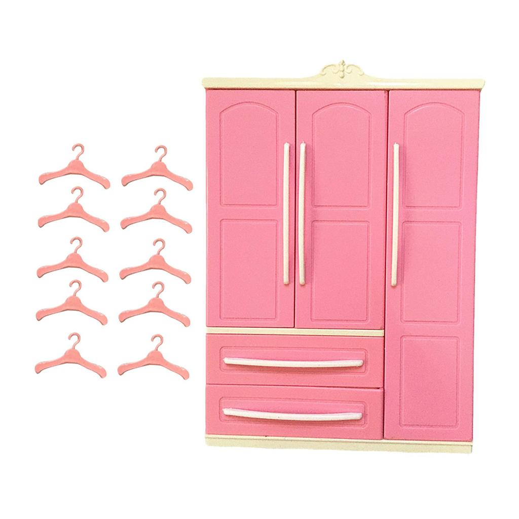 Pink Doll Wardrobe Storage Cabinet Scenery Play House Furniture with 10 Clothes Hangers Accessories