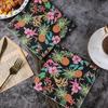 Pineapple Party Napkins, 33cm 2-Ply Black Background with Colorful Tropical Fruits & Flowers, Symmetrical Kaleidoscope Print for Holiday Summer Decor