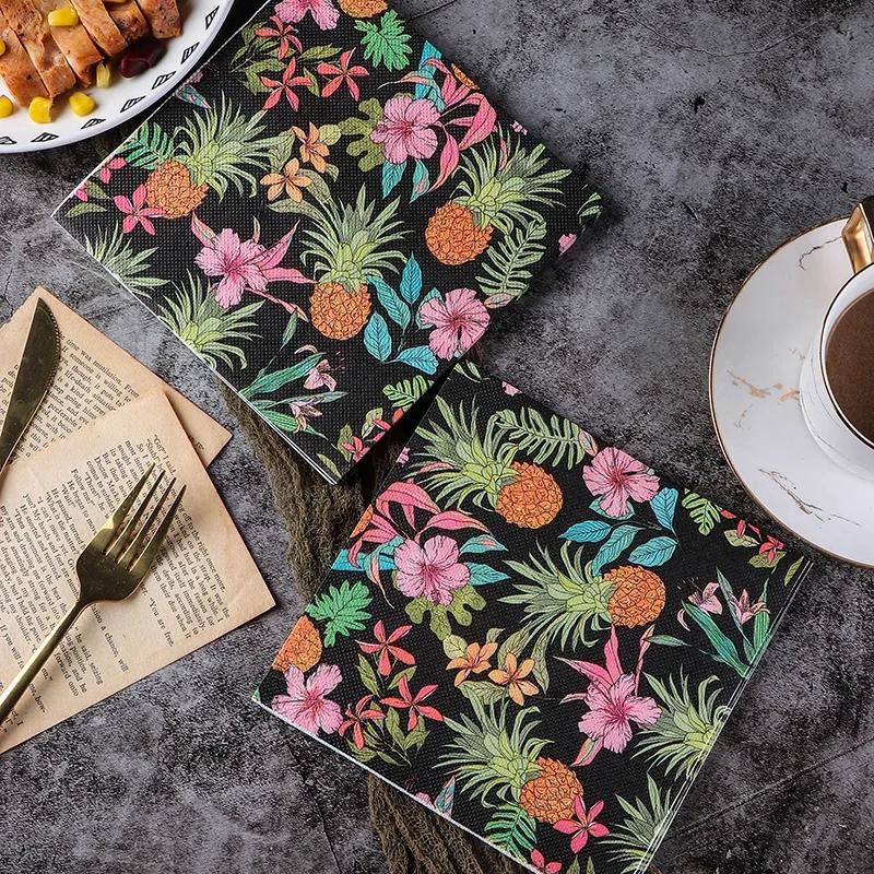 Pineapple Party Napkins, 33cm 2-Ply Black Background with Colorful Tropical Fruits & Flowers, Symmetrical Kaleidoscope Print for Holiday Summer Decor