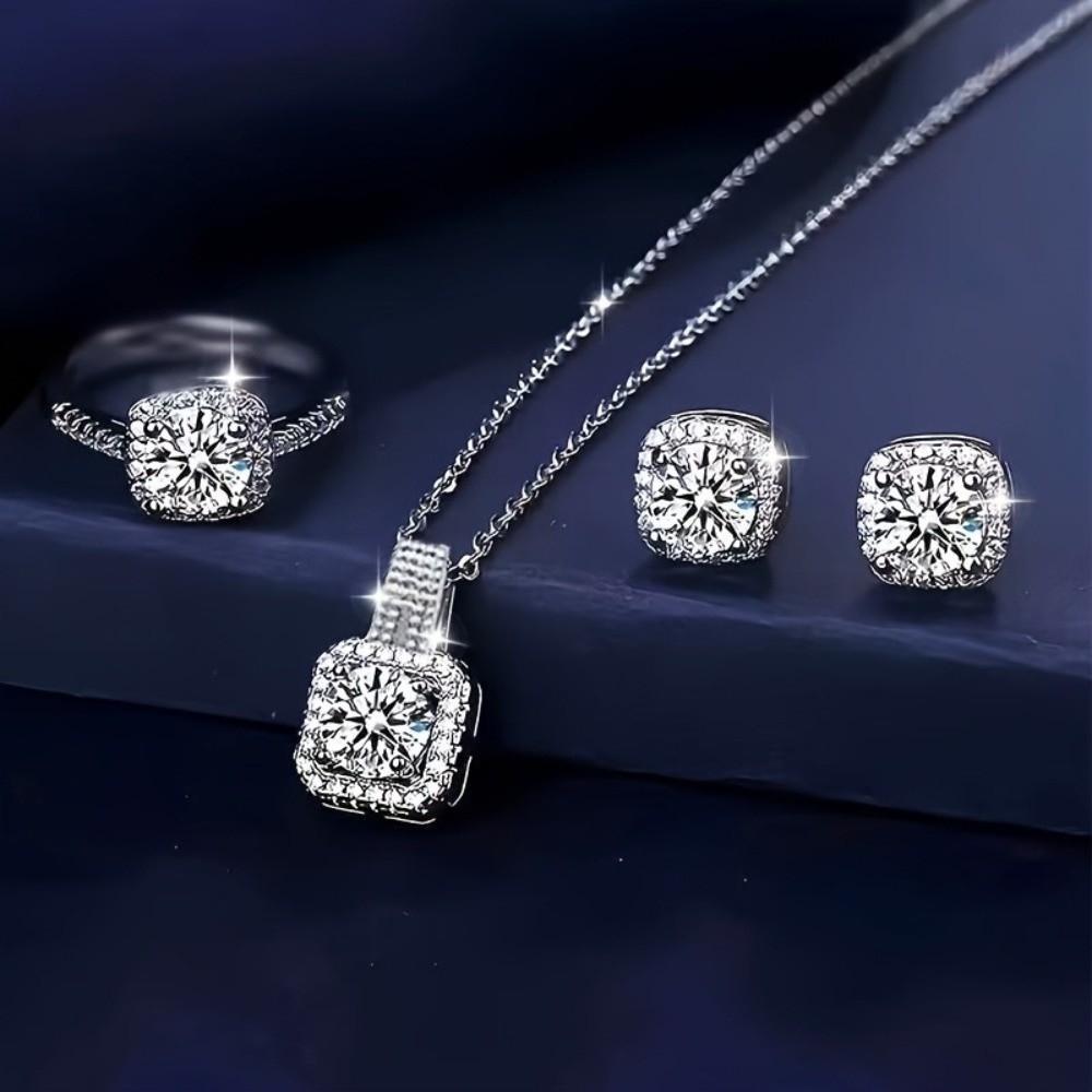 Crystal Cube Jewelry Set Pendant Ear Studs Exquisite Square Necklace  Girls