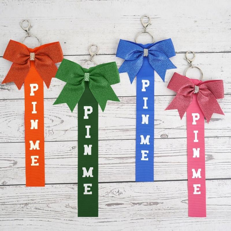 Pack of 8 Elegant Glitter Cheerleader Keychain Accessories Rhinestones Cheer Bowknot Ribbon Sports Team Spirit Gifts