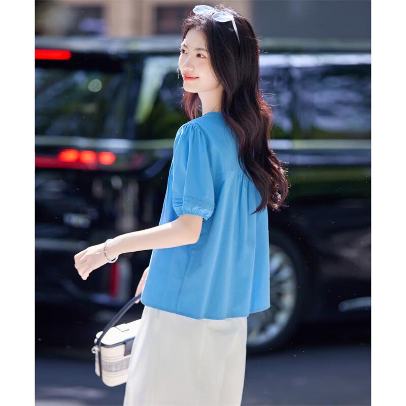 Women's Pleated Embroidered Short Sleeve Blouse