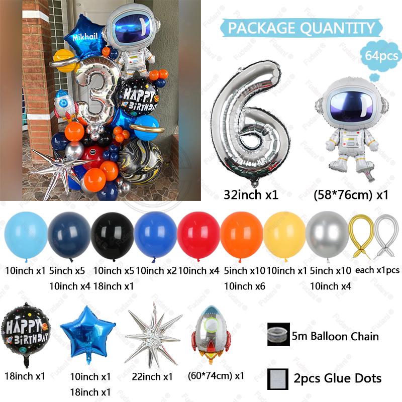 64pcs Astronaut Rocket Balloon Silver Number Birthday Balloon Set Space Theme Party Decoration Children's Party Supplies