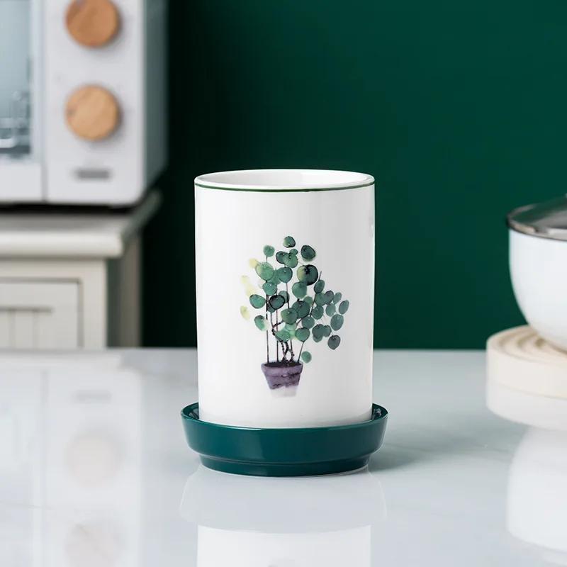 Ceramic Cutlery Holder with Drainer Bottom Cooking Tools Storage Box Gadgets Organizer Accessories Kitchen Uensils