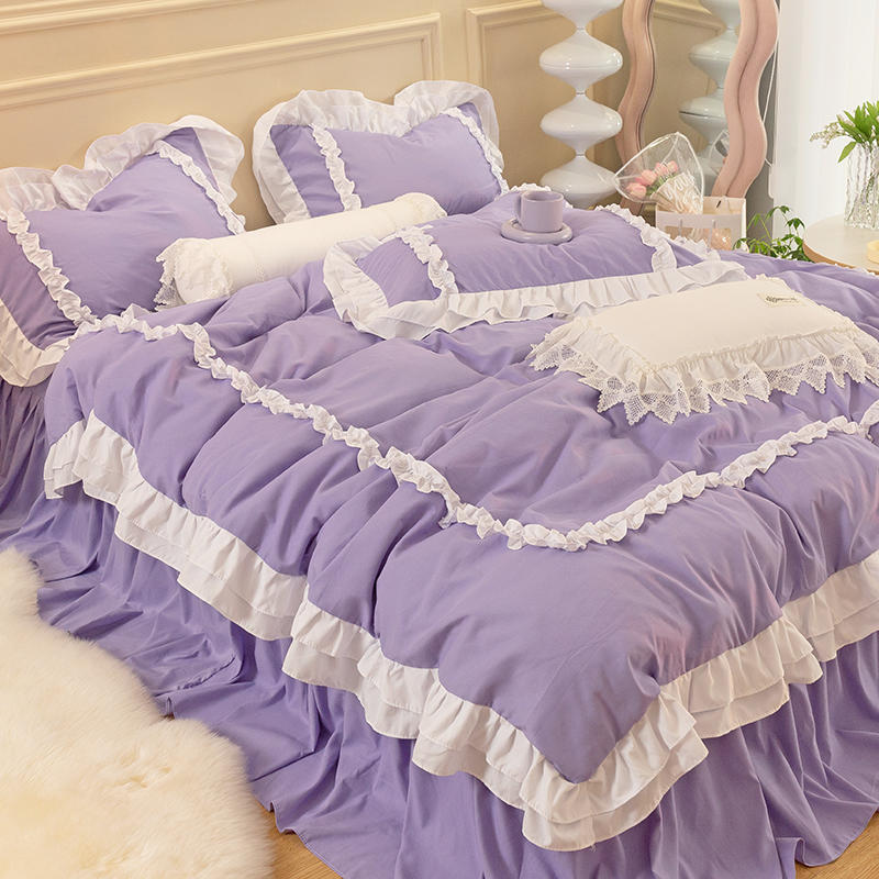 

INS Korean Princess Bedding Kawaii Ruffle Lace Bed Skirt Duvet Cover Solid Color Queen Size For Girls Woman Home Textiles Flat Bed Sheet&for 1.5m bed 3pcs фіолетовий