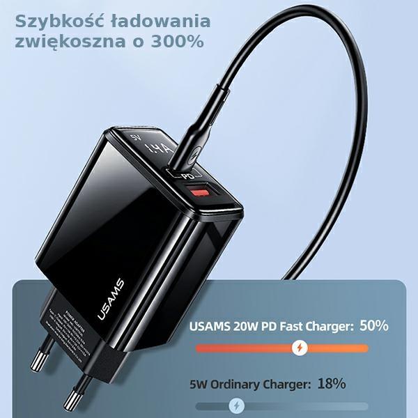 Usams Ład. Siec. 1Xusb-C+1Xusb T40 20Wled (Only Head) Pd3.0 +Qc3.0 Fast Charging Czarny/Black Cc133Tc01 (Us-Cc133)