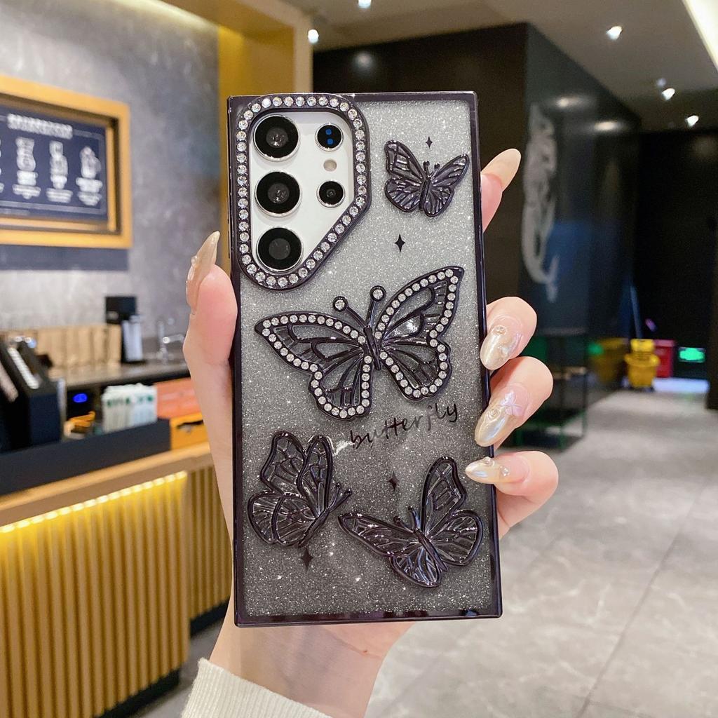Suitable for Samsung S25 Ultra Mobile Phone Case Electroplated Flash Powder Rhinestone Butterfly S24 Anti Fall A26 Anti Fall Soft Case