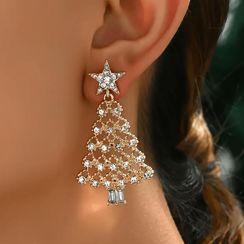 1 Pair Christmas Tree Earrings for Women, Golden-Tone Party Jewelry with Sparkling Synthetic Stones, Unique Tree Design for Holiday Celebrations