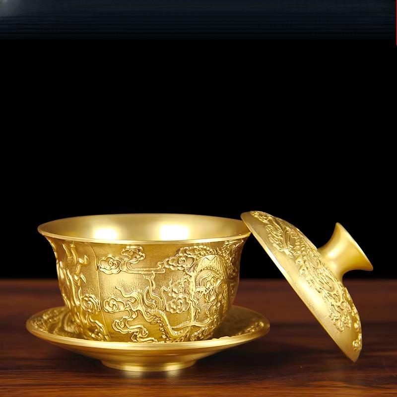 

Brass Covered Bowl Dragon and Phoenix Relief Copper Tea Bowl Chinese Style Metal Tea Cup Large Capacity Drinking Utensils 10x9cm