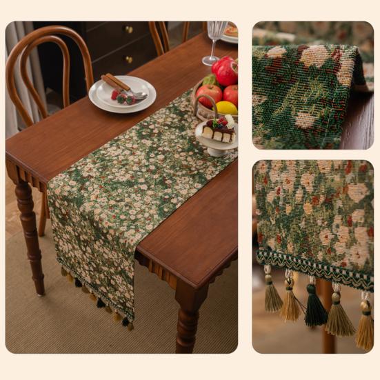 Yousheng Christmas Green Jacquard Table Runner with Tassel Decorative Festive Table Flag Dining Table Decoration for Home Restaurant Bar Kitchen