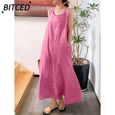 Women's Fashion Summer Spring Solid Color Print Sleeveless O-Neck Casual Dresses