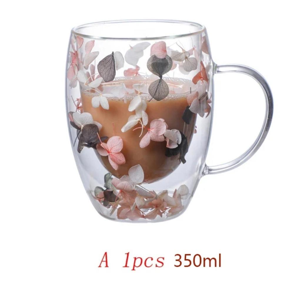 250/350ml Double Wall Coffee Mug With Handles Clear Milk Cups Gifts High Borosilicate Glass Cup Fill Simulated Flowers Teacup