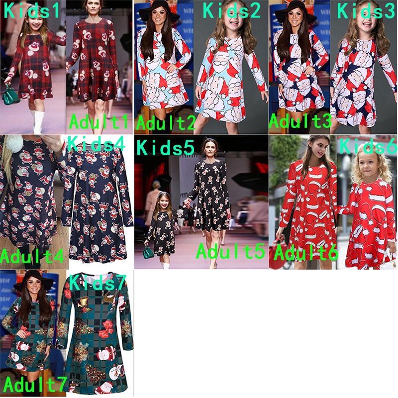 Elegant Girls Children Xmas Mother And Daughter Santa Bow Print Dress For Festive Celebrations