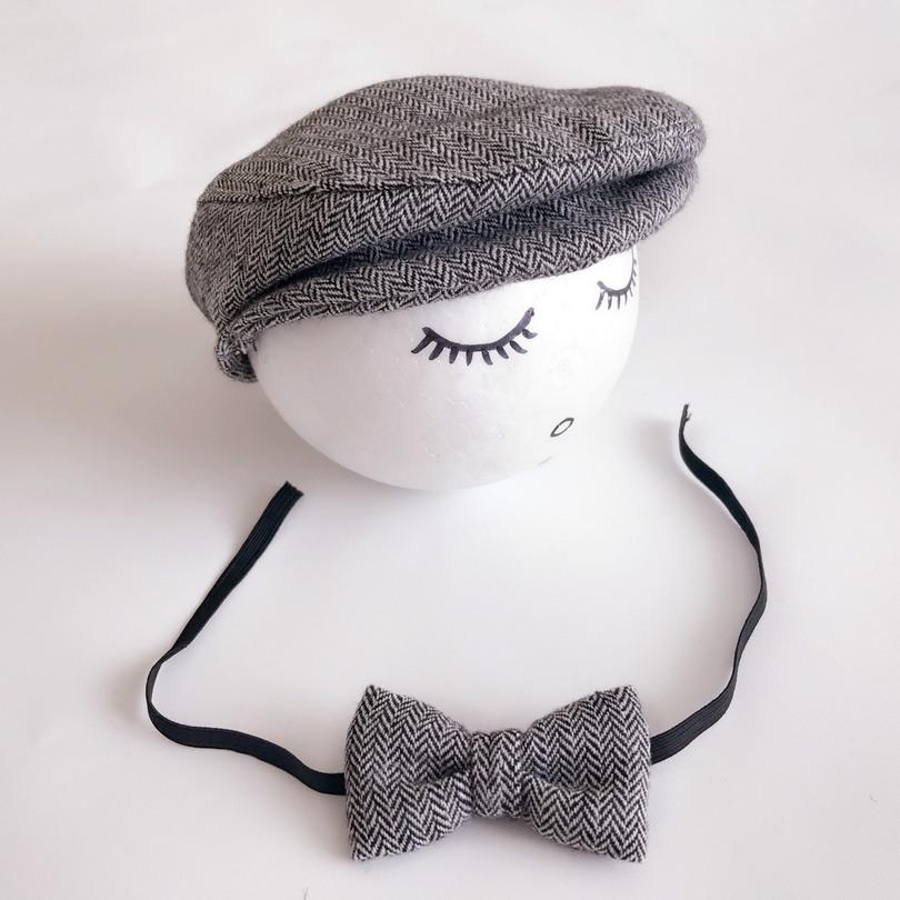 Newborn Baby Peaked Beanie Cap Hat + Bow Tie Photo Photography Prop Outfit Set Little Gentle Man Cap