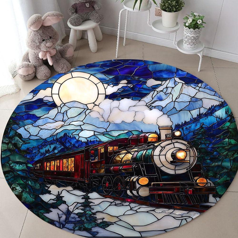 Round Stained Glass Style Moonlight Train Rug Dreamy Fairy Tale Non-slip Absorbent Carpet Winter Home Decor Mat for Living Room