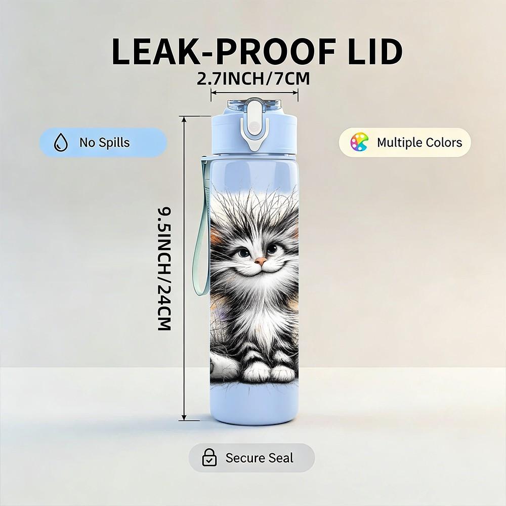 1PC Cute Fluffy Kitten Cat Face Print 750ml Color Plastic Sports Water Bottle Leakproof Flip Straw Lid Suitable for Sports Office Home Use