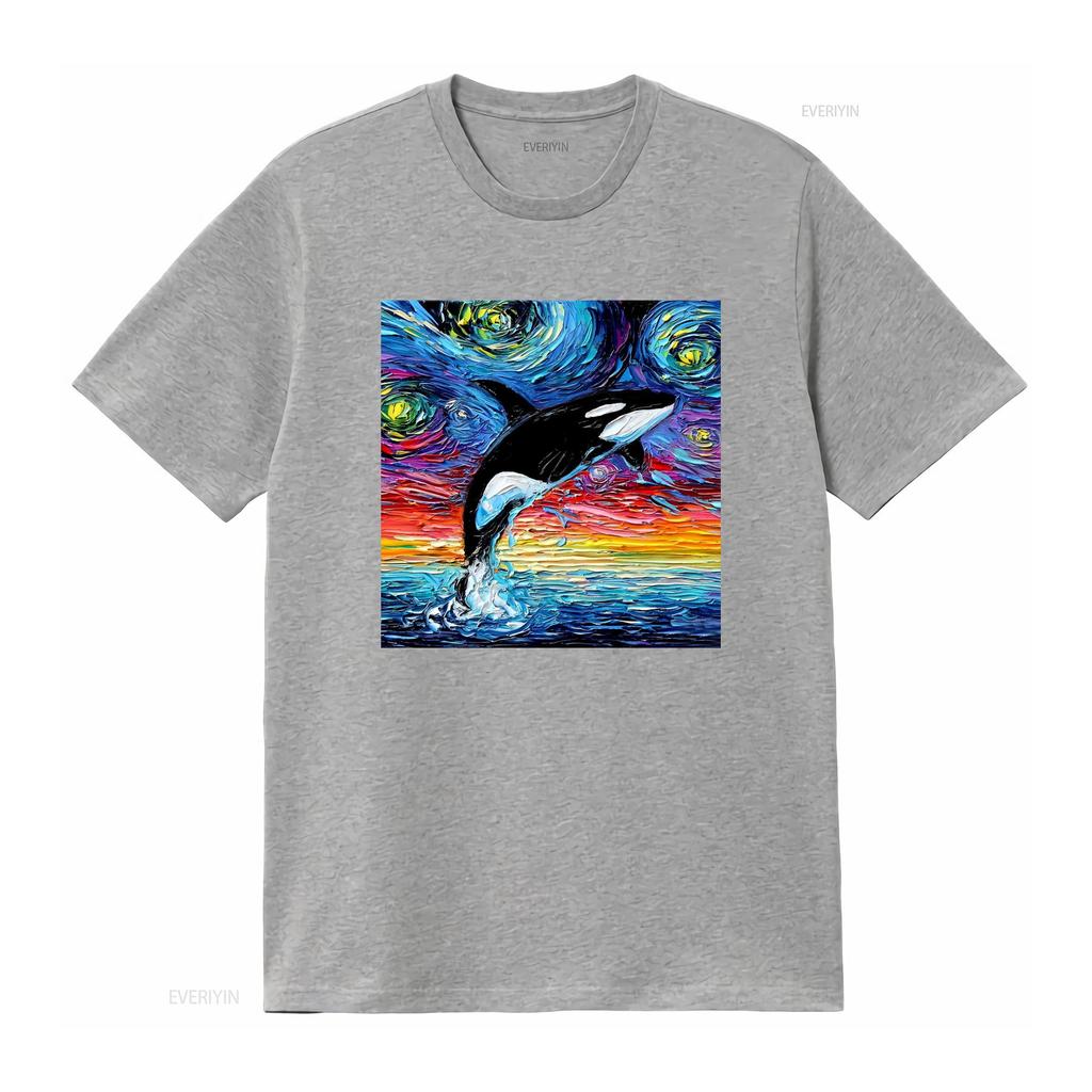Vibrant Orca Killer Whale Starry Night Ocean Art T Shirt Vintage Washed Streetwear Stretched Casual Versatile