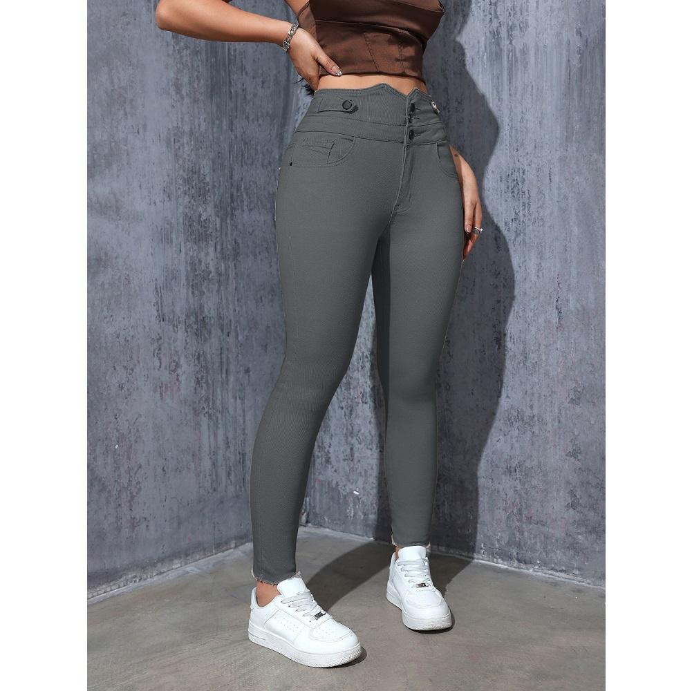 Women High Waist Slim Stretch Denim Jeans Ladies Bodycon Button Pencil Pants