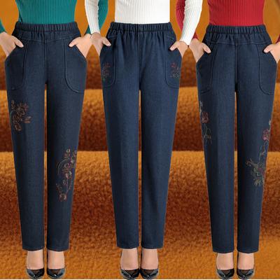 Middle-aged Women's Winter and Autumn Clothes Plus Fleece Jeans Women's High Waist Loose Mother's Clothes Grandma's Clothes Plus Size Women's Pants