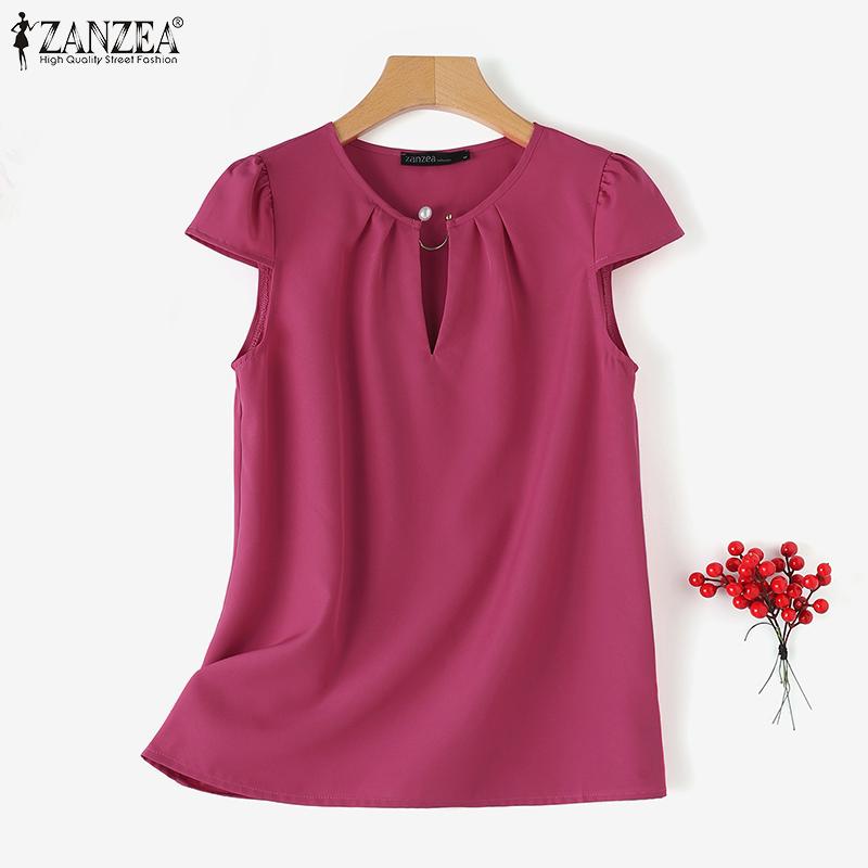 

ZANZEA Женская повседневная свободная летняя однотонная блузка с v-образным вырезом и коротким рукавом