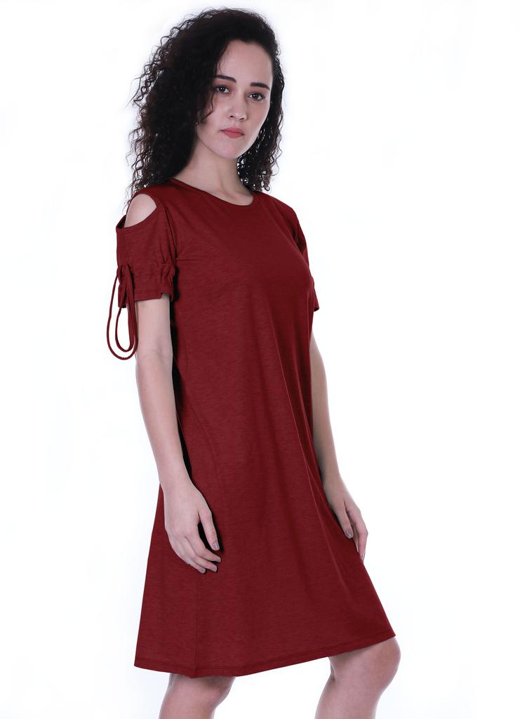 Moomaya Cold Shoulder T-shirt Dress Round Neck Casual Knee Length Summer Dresses For