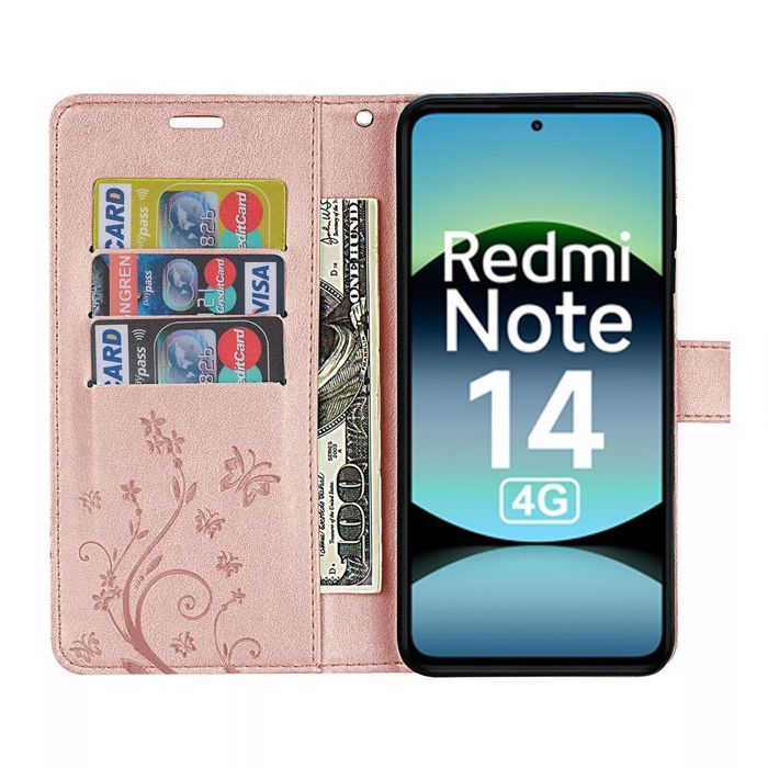 Coque et 2 Verres Trempés - E.F.CONNECTION - pour Xiaomi Redmi Note 14 4G - Cuir PU - Motif Papillon - Rose