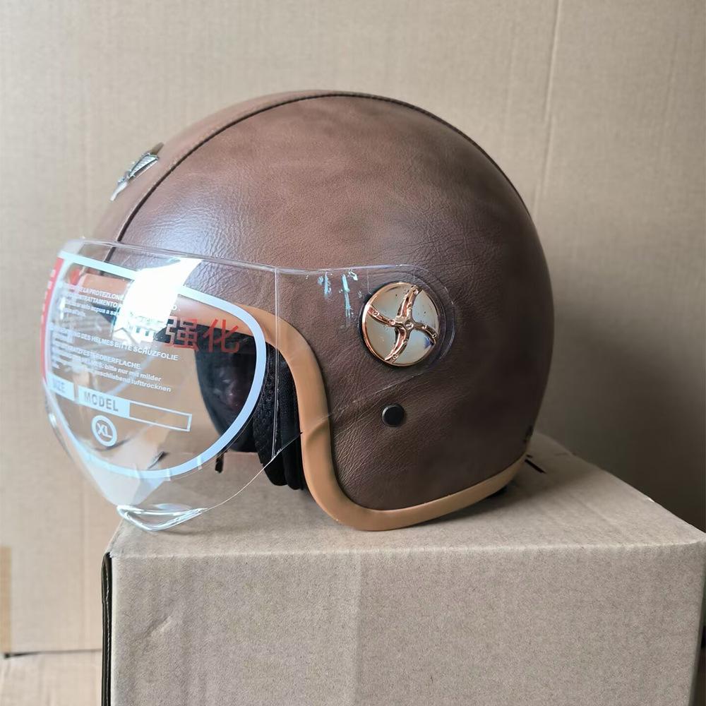 Four Seasons Universal Classic Vintage Leather Electric Vehicle Motorcycle Helmet Harley Helmet Scooter Men's and Women's Half Helmets