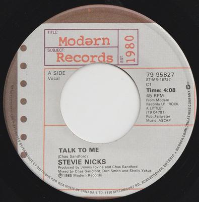 7inch Record STEVIE NICKS - Talk To Me / One More Big Time Rock 7995827 Modern Records 1985 Canada Rock Used