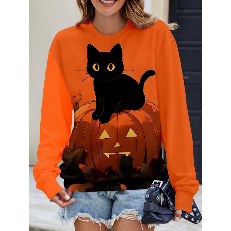 Womens Casual Hoodie With 3D Halloween Print Round Neck Lightweight Breathable Fabric
