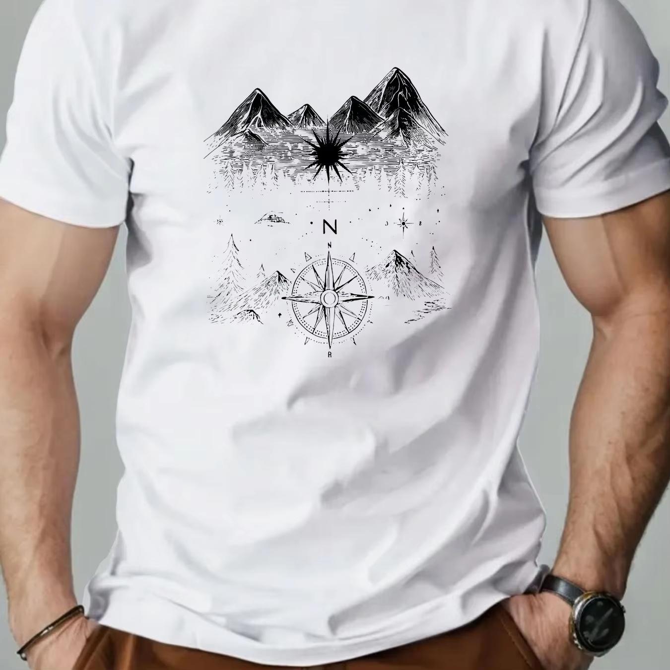 

Мужская летняя повседневная футболка с круглым вырезом и графикой компаса в горах Хлопок Обычный крой Однотонная Мужская одежда Удобная S