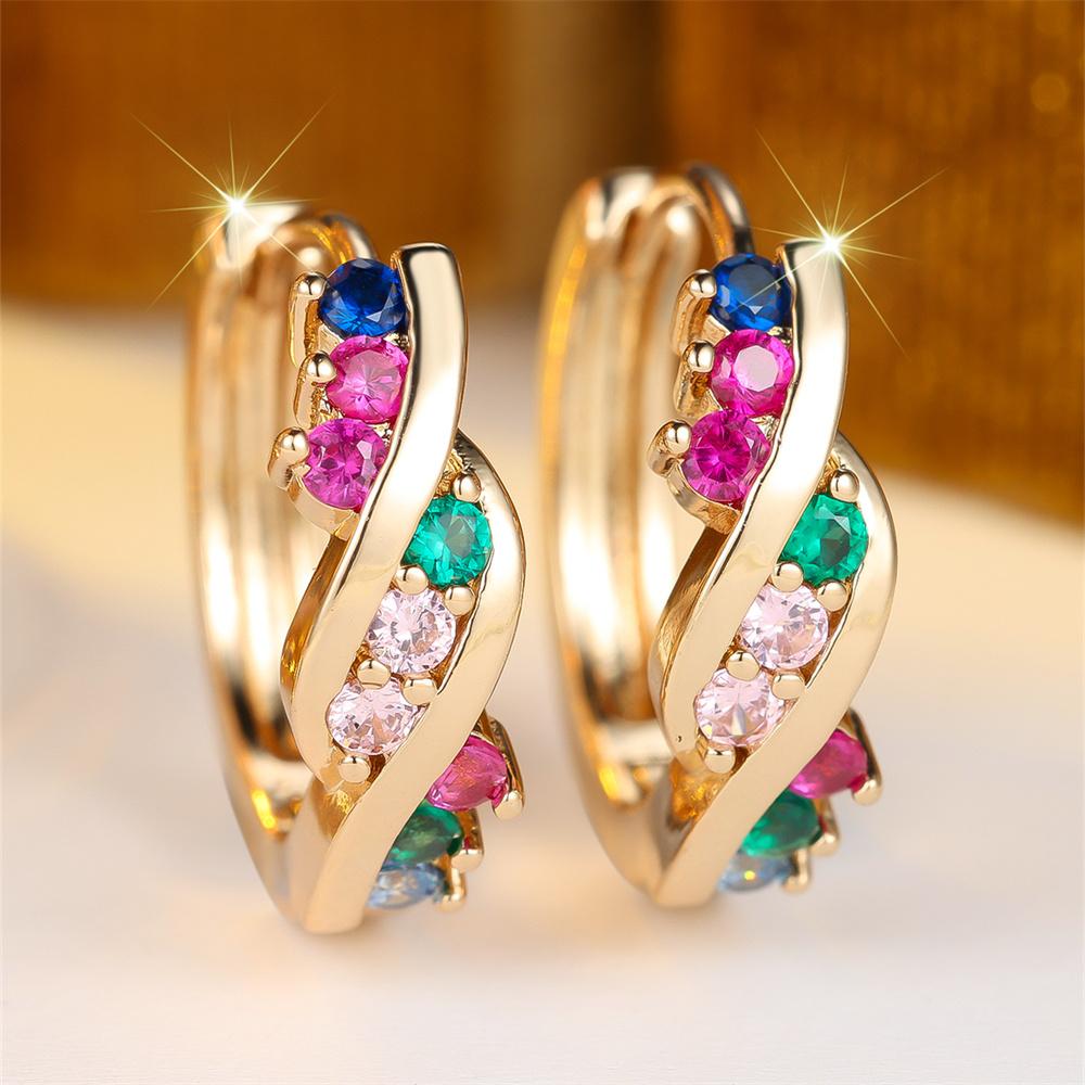 Multicolor Crystal Small Round Stone Twisted Hoop Earrings For Women Vintage Gold Color Ear Buckle Wedding Party Jewelry Gifts