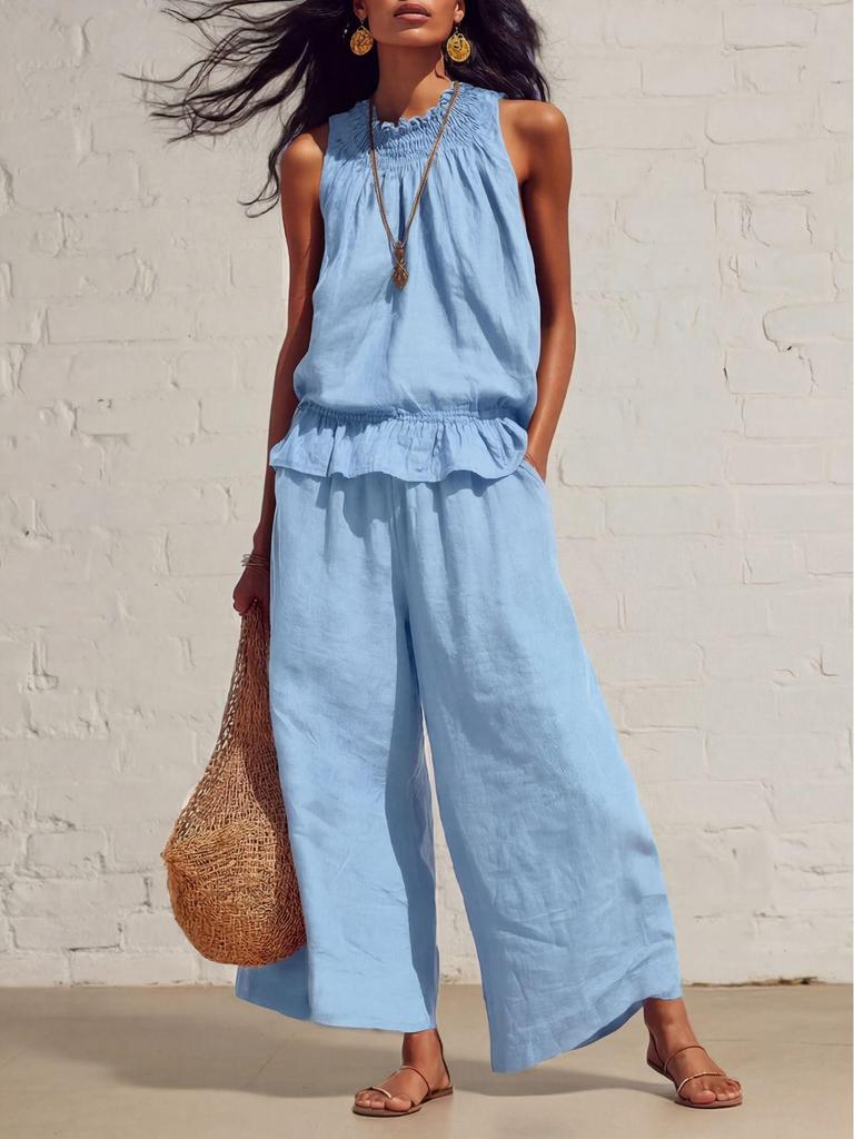 European & American Women's Retro Bohemian Ruffle Cotton-Linen Two-Piece Set for Spring and Summer 2026