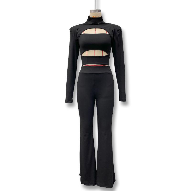 2025 Autumn European & American High-Neck Solid Color Slim-Fit Hollowed-Out Jumpsuit Set