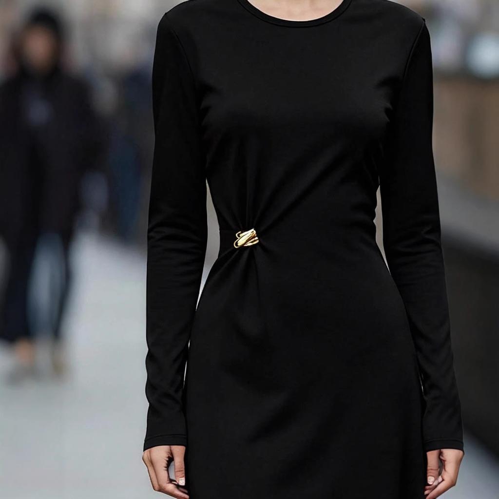 Autumn and Winter Minimalist Temperament Commuter Long-sleeved A-shaped Skirt European and American Polyester Splicing Mid-waist Dress
