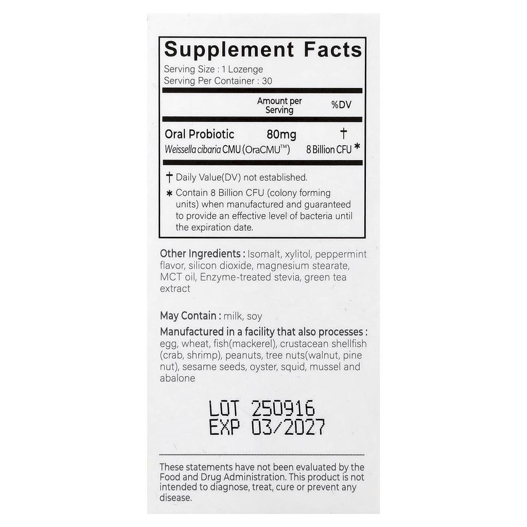 Oraticx, Green Breath, Probiotic Supplement, Mint, 8 Billion CFU, 30 Lozenges