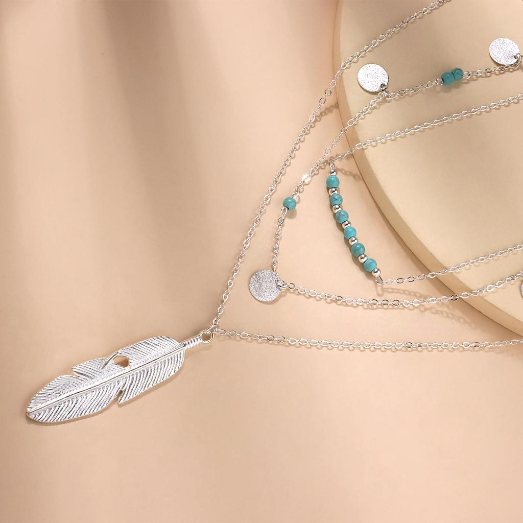 Feather Turquoise Bead Sequined Multi-layer Necklace