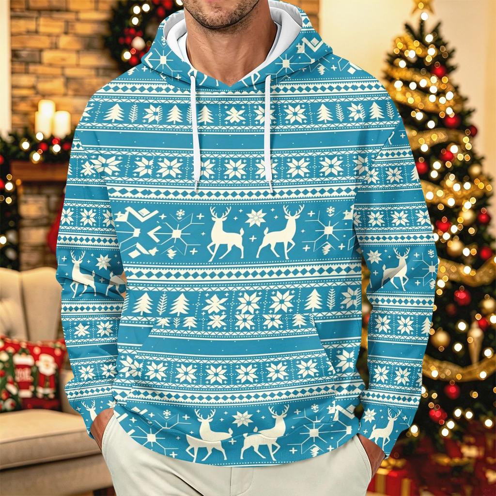 Men's Long Sleeve Christmas Print Pullover Hoodie for Holiday Party and Everyday Wear