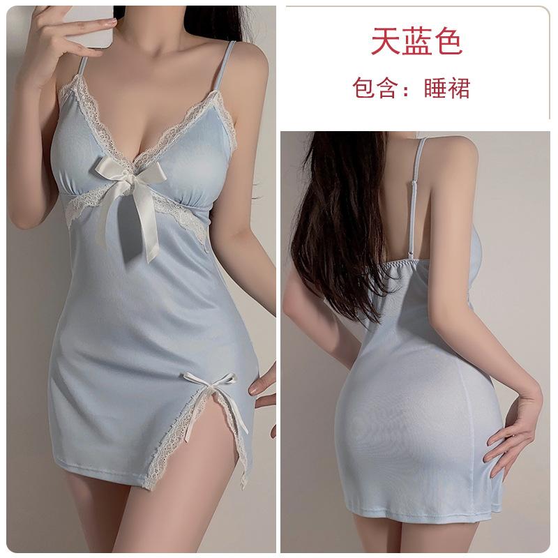 

New large-size printed underwear sexy temptation side slit women plus chest pad suspender nightdress loungewear XL небо синє кольору