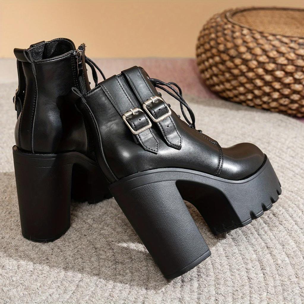 Women Lace Up Double Buckle High Heel Ankle Boots Black Platform Fashion Comfortable Shoes