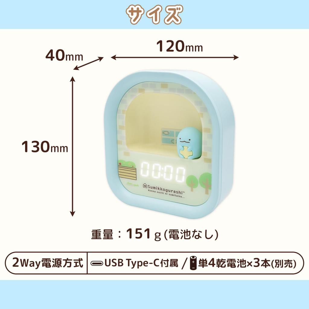 ALIAS Digital Desk Clock with Sumikkogurashi 3D Figure, LED Light, 2-Way Power Supply, Stickers Included, Decorative, Blue Lizard (AC24026SXSG-BU)
