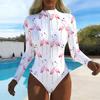 Women Long Sleeve One Piece Swimsuit Zip Front  Moon Night Waves Print Rash Guard Surfing Bathing Suit
