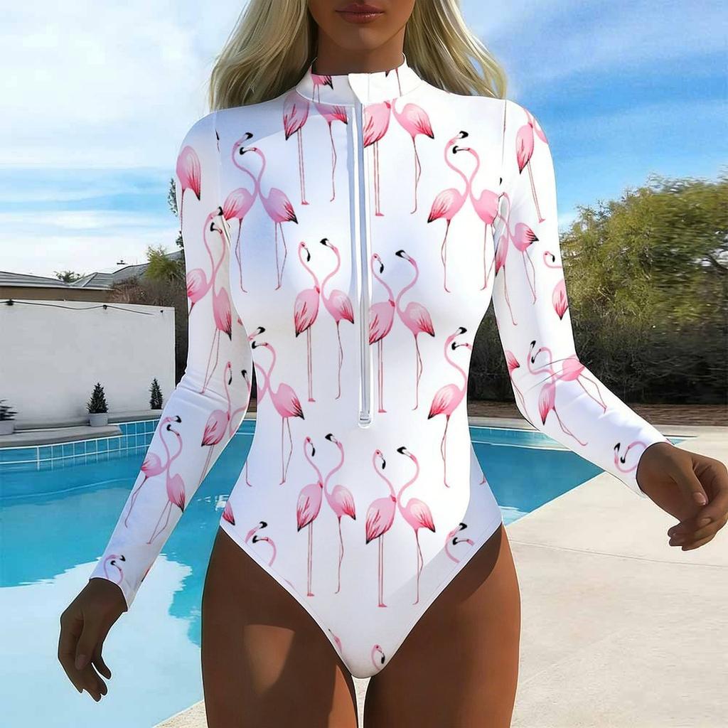 Women Long Sleeve One Piece Swimsuit Zip Front  Moon Night Waves Print Rash Guard Surfing Bathing Suit