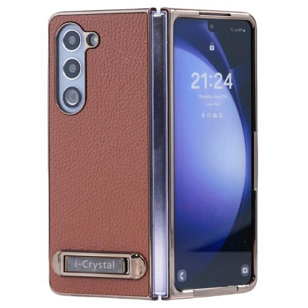 

For Samsung Galaxy Z Fold5 5G Case Electroplated Leather+PC Phone Cover with Invisible Kickstand Brown