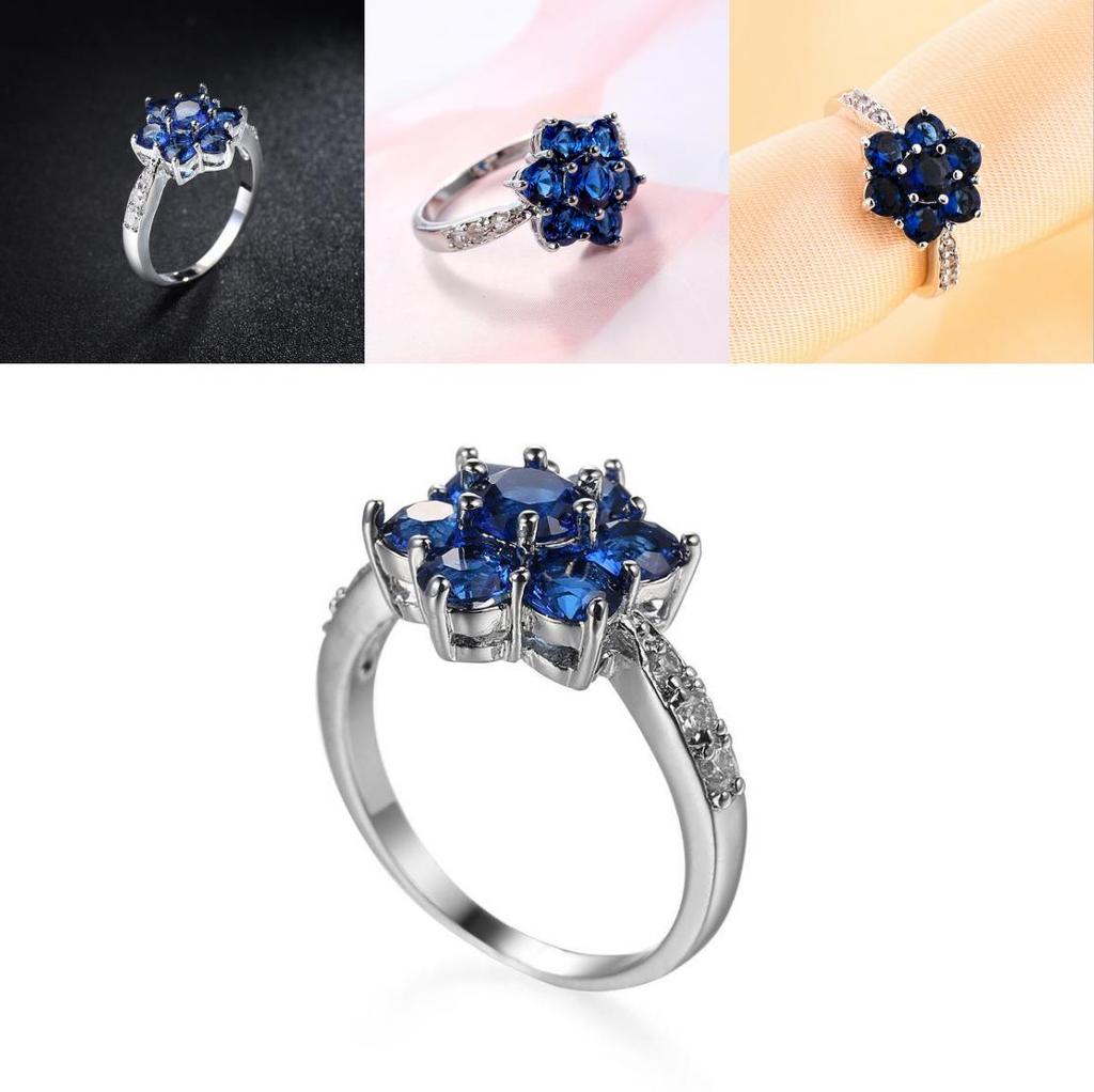Elegant Blue Flower Shaped Ring For Women With Silver Topaz Detailing In Fashionable Style