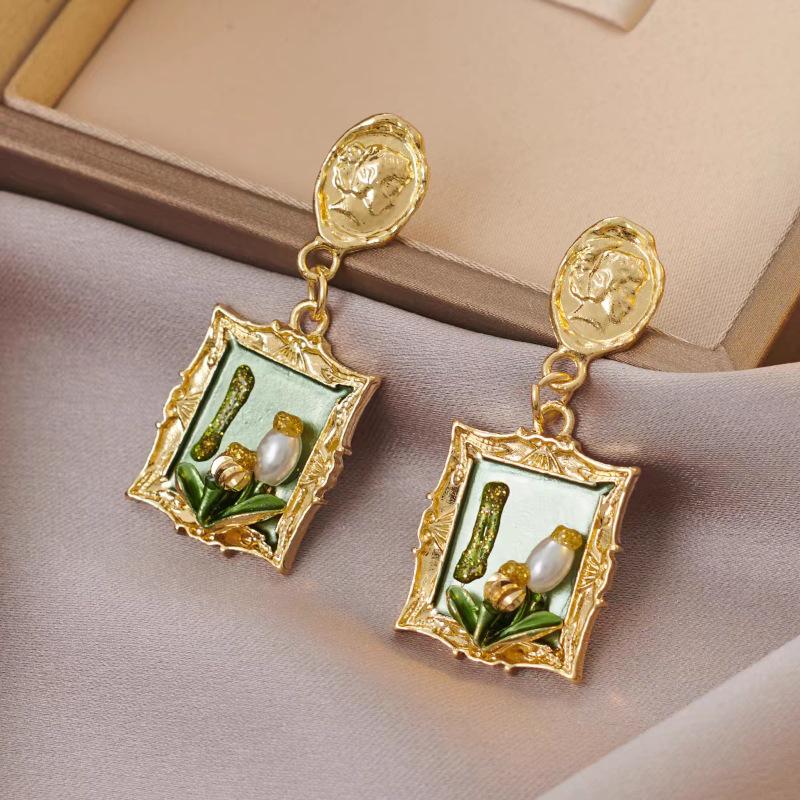 Vintage French Green Floral Baroque Pearl Earrings