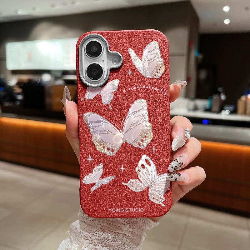 Butterfly Pattern Leather Texture Slim Soft Case Shell For iPhone 16 Pro Max 15 14 Pro 13 12 11 Matte Lens Protection Shockproof TPU Phone Cover