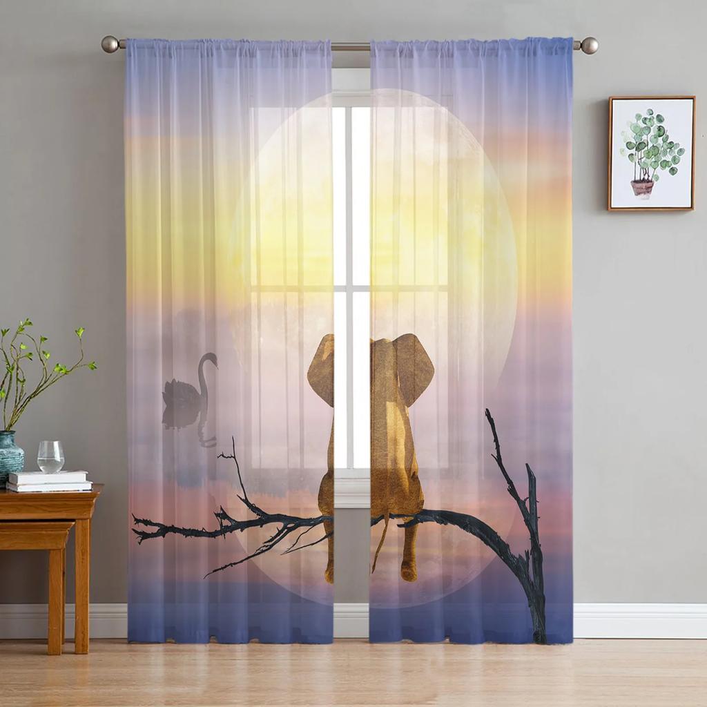 Elephant Big Stupid Bird Heart Gray Blue Curtains Living Room Bedroom Decoration Window Voiles Morning Tulle Curtain Sheer Polyester Sitting Decor