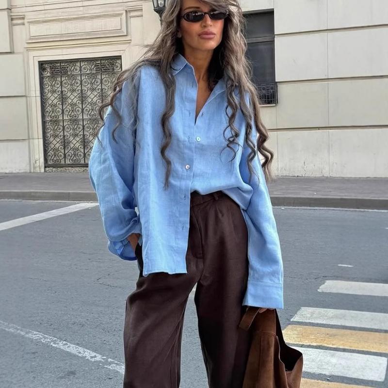 Spring Summer Loose Casual Women Shirts Female Fashion Office Long Sleeved Blouse Solid Color Lapel Buttons Simple Tops Ladies Clothing