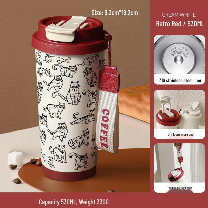 

Котячий Ескіз Нержавіюча Сталь Ізольована Чашка-Трубочка - Велика Місткість 530ml