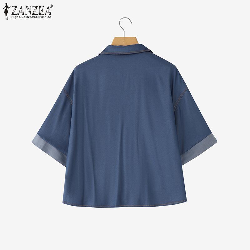 ZANZEA Women Turn Down Collar Summer Short Sleeve Blouse